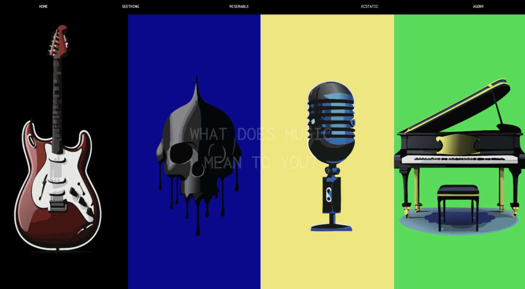 screenshot of Lizabeth's web site showing guitar, mask, microphone and piano represented four emotions.